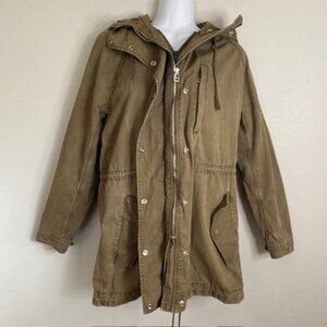 Gap Military Army Green Coat Hooded Cotton Canvas Zipper Snap Front Size L